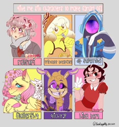 Size: 1600x1700 | Tagged: safe, artist:localgoaty, imported from derpibooru, angel bunny, fluttershy, anthro, bird, pegasus, pony, rabbit, six fanarts, :o, adventure time, angry, animal, animatronic, anthro with ponies, blushing, bowtie, chest fluff, clothes, colored hooves, cross-popping veins, crossed arms, crossover, cuphead, disembodied hand, doki doki literature club, eyes closed, female, five nights at freddy's, flower, flower in hair, glitchtrap, gloves, grin, hand, hilda berg, mare, natsuki, open mouth, shhh, signature, smiling, waving, wings