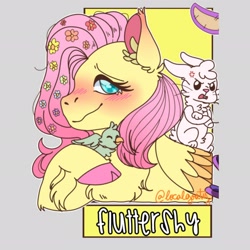 Size: 2048x2048 | Tagged: safe, alternate version, artist:localgoaty, imported from derpibooru, angel bunny, fluttershy, bird, pegasus, pony, rabbit, angry, animal, blushing, chest fluff, colored hooves, cross-popping veins, crossed arms, eyes closed, female, flower, flower in hair, high res, mare, signature, smiling, wings