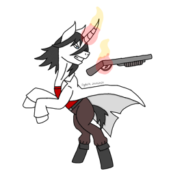 Size: 768x768 | Tagged: safe, artist:agdapl, imported from derpibooru, pony, unicorn, boots, clothes, glowing horn, gritted teeth, gun, horn, looking back, magic, male, nurse, ponified, rearing, shoes, shotgun, signature, simple background, solo, stallion, team fortress 2, telekinesis, weapon, white background