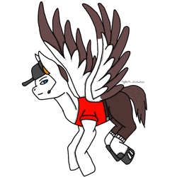 Size: 768x768 | Tagged: safe, artist:agdapl, imported from derpibooru, pegasus, pony, clothes, flying, hat, headworn microphone, male, ponified, scout, signature, simple background, solo, stallion, team fortress 2, two toned wings, white background, wings