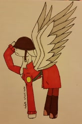 Size: 2429x3679 | Tagged: safe, artist:agdapl, imported from derpibooru, pegasus, pony, clothes, helmet, high res, male, ponified, salute, signature, soldier, solo, stallion, team fortress 2, traditional art, two toned wings, wings