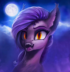 Size: 1500x1543 | Tagged: source needed, safe, artist:stdeadra, imported from derpibooru, oc, oc only, bat pony, pony, bat pony oc, bat wings, big ears, big eyes, fangirl, fangs, moon, night, solo, tooth, wings