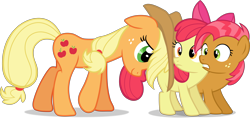 Size: 6000x2835 | Tagged: safe, artist:frownfactory, imported from derpibooru, apple bloom, applejack, babs seed, earth pony, apple family reunion, blank flank, bow, cutie mark, female, filly, freckles, hat, mare, pushing, simple background, transparent background, vector