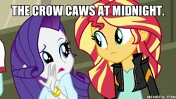 Size: 600x337 | Tagged: safe, edit, edited screencap, imported from derpibooru, screencap, rarity, sunset shimmer, equestria girls, friendship games, caption, ed edd n eddy, image macro, in like ed, memeful.com, text