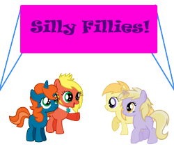 Size: 1100x1000 | Tagged: safe, artist:mlp-element, imported from derpibooru, dinky hooves, noi, oc, oc:angela, oc:rowena, earth pony, pony, unicorn, aura, bowtie, logo, magic, open mouth, raised leg, silly fillies, simple background, transparent background, vector, walking