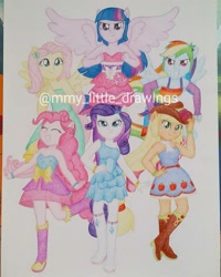 Size: 1079x1349 | Tagged: safe, artist:mmy_little_drawings, imported from derpibooru, applejack, fluttershy, pinkie pie, rainbow dash, rarity, twilight sparkle, alicorn, equestria girls, equestria girls (movie), bare shoulders, belt, boots, bracelet, clothes, cowboy boots, cutie mark, cutie mark on clothes, dress, eyes closed, fall formal outfits, female, hairpin, humane five, humane six, jewelry, obtrusive watermark, pegasus wings, ponied up, shoes, sleeveless, smiling, strapless, twilight sparkle (alicorn), watermark, wings