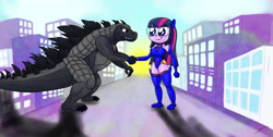 Size: 5000x2522 | Tagged: safe, artist:solid32, imported from derpibooru, twilight sparkle, kaiju, equestria girls, boots, female, giantess, git, godzilla, godzilla (series), handshake, macro, magic gaia, shoes, superhero, thigh boots