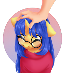 Size: 1347x1500 | Tagged: safe, artist:nika-rain, imported from derpibooru, oc, oc only, oc:logical leap, human, pony, unicorn, adorkable, bust, clothes, commission, cute, dork, female, floppy ears, hand, head pat, meganekko, nerd, pat, petting, portrait, solo, sweater, turtleneck, ych result