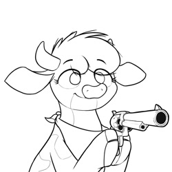 Size: 1024x1024 | Tagged: safe, artist:ljdamz1119, imported from derpibooru, arizona cow, cow, them's fightin' herds, arizona (tfh), bandana, clothes, cloven hooves, community related, delet this, female, gun, handgun, hoof hold, monochrome, no color, revolver, scarf, simple background, solo, weapon, white background