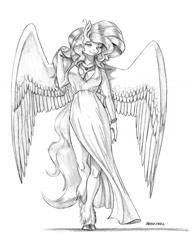 Size: 1000x1303 | Tagged: safe, artist:baron engel, imported from derpibooru, oc, oc only, oc:soft, anthro, pegasus, unguligrade anthro, breasts, cleavage, clothes, commission, dress, female, monochrome, not fluttershy, pencil drawing, simple background, solo, traditional art, unshorn fetlocks, white background