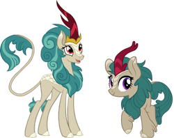 Size: 1367x1080 | Tagged: safe, artist:cloudy glow, artist:cloudyglow, artist:efernothedragon, imported from derpibooru, rain shine, river song (character), kirin, comparison, duo, duo female, familiar, female, open mouth, open smile, river song, similar, similarities, simple background, smiling, transparent background, vector