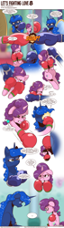 Size: 1300x4608 | Tagged: safe, artist:saturdaymorningproj, imported from derpibooru, princess luna, sugar belle, alicorn, pony, unicorn, comic:let's fighting love, boxing, boxing gloves, comic, dialogue, fight, glowing horn, hoof shoes, horn, magic, punch, speech bubble, sports, telekinesis