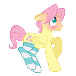 Size: 1570x1570 | Tagged: safe, alternate version, artist:melonmilk, derpibooru exclusive, imported from derpibooru, fluttershy, pegasus, pony, blushing, blushing profusely, butterscotch, clothes, kneesocks, long socks, male, rule 63, rule63betes, show accurate, socks, solo, stallion, striped socks, thigh highs