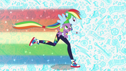 Size: 1920x1080 | Tagged: safe, imported from derpibooru, screencap, rainbow dash, spike, spike the regular dog, dog, equestria girls, equestria girls series, :p, clothes, converse, cute, cutie mark, cutie mark on clothes, dashabetes, female, hoodie, intro, male, open mouth, ponied up, rainbow trail, running, shoes, smiling, spikabetes, tongue out