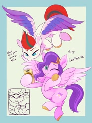 Size: 1522x2048 | Tagged: safe, artist:noupu, imported from derpibooru, pipp petals, zipp storm, pegasus, pony, abstract background, adorapipp, blushing, cellphone, cute, dialogue, duo, female, flying, g5, mare, one eye closed, phone, photo, pipp, royal sisters (g5), selfie, siblings, sisters, sisters being sisters, smartphone, speech bubble, spread wings, that pony sure does love phones, unshorn fetlocks, wings, wink