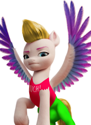 Size: 784x1080 | Tagged: safe, edit, edited screencap, imported from derpibooru, screencap, zipp storm, pegasus, pony, chad, clothes, crotch bulge, female, g5, mare, meme, ouch, pants, raised hoof, simple background, solo, spread wings, tanktop, unshorn fetlocks, white background, wings