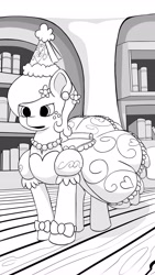 Size: 2304x4096 | Tagged: safe, artist:flutterfigle, imported from derpibooru, applejack, earth pony, pony, look before you sleep, clothes, dress, froufrou glittery lacy outfit, library, monochrome, no color, princess applejack