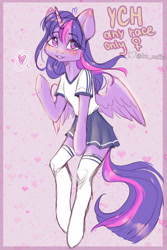 Size: 1671x2500 | Tagged: safe, artist:zefirka, imported from derpibooru, twilight sparkle, alicorn, pony, semi-anthro, blushing, cheek fluff, clothes, commission, cute, looking at you, skirt, socks, solo, stockings, thigh highs, twiabetes, twilight sparkle (alicorn), your character here
