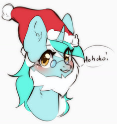 Size: 1280x1355 | Tagged: safe, artist:pledus, imported from derpibooru, lyra heartstrings, pony, beard, blushing, bust, christmas, clothes, costume, cute, dialogue, ear fluff, facial hair, hat, hohoho, holiday, lyrabetes, portrait, santa claus, santa costume, santa hat, simple background, solo, speech bubble, white background