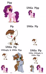 Size: 1500x2424 | Tagged: safe, artist:brushprism, artist:orang111, edit, imported from derpibooru, pipp petals, pipsqueak, oc, oc:littlepip, earth pony, pegasus, pony, unicorn, fallout equestria, chest fluff, colt, duo, female, g4, g5, g5 to g4, male, mare, markings, meme, pipp, pun, raised hoof, simple background, tongue twister, unshorn fetlocks, white background