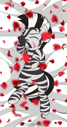Size: 639x1200 | Tagged: safe, artist:jennieoo, imported from derpibooru, oc, oc only, oc:lost way, pony, zebra, bed, bedsheets, flower, looking at you, one eye closed, rose, rose petals, show accurate, simple background, smiling, smiling at you, solo, wink, winking at you