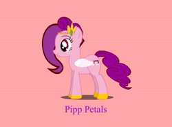 Size: 435x321 | Tagged: safe, artist:pinkamena chan, imported from derpibooru, pipp petals, pegasus, pony, female, g5, lowres, mare, pink background, pipp, simple background, solo, text