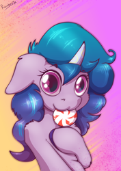 Size: 2480x3508 | Tagged: safe, artist:rainihorn, imported from derpibooru, izzy moonbow, pony, unicorn, :3, abstract background, bust, candy, female, floppy ears, food, g5, high res, hooves, horn, looking at you, mare, portrait, shoulder fluff, signature, solo, unshorn fetlocks