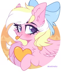 Size: 1698x2001 | Tagged: safe, artist:ekostinoto, imported from derpibooru, oc, oc only, oc:bay breeze, pegasus, pony, blushing, bow, chest fluff, cute, ear fluff, female, hair bow, heart, looking at you, mare, ocbetes, signature, solo, tongue out