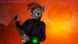 Size: 3840x2160 | Tagged: safe, artist:marianokun, imported from derpibooru, oc, oc only, oc:littlepip, anthro, unicorn, fallout equestria, 3d, 4k, anthro oc, atomic bomb, clothes, evil grin, explosion, faic, female, grin, gun, handgun, happy, high res, jumpsuit, little macintosh, mare, nuclear explosion, nuclear weapon, pda, pipboy, pipbuck, remake, revolver, smiling, source filmmaker, vault suit, weapon