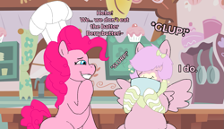 Size: 1371x787 | Tagged: safe, artist:hooverlover, imported from derpibooru, pinkie pie, oc, oc:berrybutter bliss, earth pony, pegasus, ascot, baking, batter, bow, bowl, cake batter, chef's hat, chubby, clothes, cute, eating, fat, female, food, giggling, hat, kitchen, mare, my little harem, socks, wings