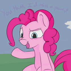 Size: 800x800 | Tagged: safe, artist:treekickerdraws, imported from derpibooru, pinkie pie, pony, dialogue, looking at you, smiling, solo