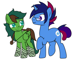 Size: 1623x1367 | Tagged: safe, artist:kb-gamerartist, derpibooru exclusive, imported from derpibooru, oc, oc only, oc:marquis majordome, oc:windy barebow evergreen, pegasus, pony, unicorn, derpibooru community collaboration, 2021 community collab, bandage, bow (weapon), female, glasses, hoof wraps, leg wraps, looking at each other, male, mare, raised hoof, raised leg, simple background, size difference, stallion, transparent background