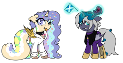 Size: 2421x1242 | Tagged: safe, artist:kb-gamerartist, derpibooru exclusive, imported from derpibooru, tempest shadow, oc, oc only, oc:elizabat stormfeather, oc:mish-mash, alicorn, bat pony, bat pony alicorn, derpibooru community collaboration, 2021 community collab, :p, alicorn oc, amputee, artificial wings, augmented, bat pony oc, bat wings, batgirl, boots, broken horn, canon x oc, cape, clothes, collar, dc comics, duo, ear piercing, earring, eyeshadow, fangs, female, flag, freckles, gloves, glowing horn, grin, hoodie, horn, jewelry, lesbian, levitation, magic, makeup, mare, markings, national flag, one eye closed, piercing, plushie, prosthetic limb, prosthetic wing, prosthetics, rainbow socks, scotland, shipping, shirt, shoes, simple background, smiling, socks, stormshadow, striped socks, t-shirt, telekinesis, tongue out, transparent background, uwu, wings, wink