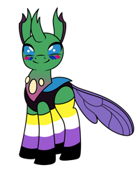 Size: 1120x1416 | Tagged: safe, artist:kb-gamerartist, derpibooru exclusive, imported from derpibooru, oc, oc only, oc:devulsa, changedling, changeling, derpibooru community collaboration, 2021 community collab, bisexual pride flag, changedling oc, changeling oc, face paint, nonbinary, nonbinary pride flag, pride, pride flag, simple background, solo, transparent background