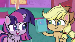 Size: 1920x1080 | Tagged: safe, imported from derpibooru, screencap, applejack, twilight sparkle, pony, my little pony: pony life, the best of the worst, spoiler:pony life s01e02, book, cute, female, g4.5, jackabetes, mare, pony life, twiabetes