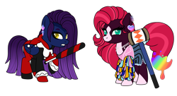 Size: 2230x1211 | Tagged: safe, artist:kb-gamerartist, derpibooru exclusive, imported from derpibooru, oc, oc only, oc:painted lilly, oc:velvet gloom, earth pony, pegasus, pony, derpibooru community collaboration, 2021 community collab, baseball bat, batman, bisexual pride flag, chains, clothes, cosplay, costume, dc comics, duo, ear piercing, earring, female, gloves, hammer, harley quinn, heart, jester, jewelry, mallet, mare, markings, necklace, nonbinary, piercing, pride, pride flag, raised hoof, shirt, shorts, shrts, simple background, t-shirt, transparent background