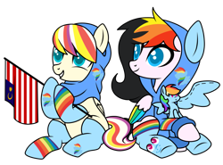 Size: 1731x1284 | Tagged: safe, artist:kb-gamerartist, derpibooru exclusive, imported from derpibooru, rainbow dash, oc, oc only, oc:qilala, oc:rainbow noir, pegasus, pony, derpibooru community collaboration, 2021 community collab, clothes, duo, female, flag, grin, hijab, hoodie, hoof hold, islam, malaysia, mare, multicolored hair, national flag, plushie, rainbow hair, raised hoof, simple background, sitting, smiling, socks, transparent background