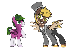 Size: 1851x1226 | Tagged: safe, artist:kb-gamerartist, derpibooru exclusive, imported from derpibooru, oc, oc only, oc:amber glow, oc:fox glove, pegasus, pony, derpibooru community collaboration, series:who we become, 2021 community collab, clothes, coat, freckles, genderqueer, grin, hat, male, markings, necktie, pants, raised hoof, shirt, siblings, simple background, size difference, smiling, stallion, suit, top hat, transparent background, vest