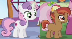 Size: 1011x558 | Tagged: safe, artist:supermarioworld64, edit, edited screencap, imported from derpibooru, screencap, button mash, cheerilee, sweetie belle, earth pony, pony, unicorn, crusaders of the lost mark, on your marks, aura, colt, comparison, duo, female, filly, hat, magic, male, offscreen character, propeller hat, shipping, shipping domino, smiling, straight, sweetiemash