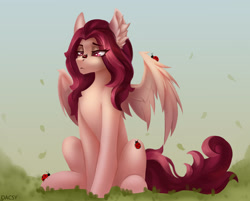 Size: 2565x2064 | Tagged: safe, artist:dacsy, imported from derpibooru, oc, oc only, oc:crimm harmony, insect, ladybug, pegasus, pony, ear fluff, eye clipping through hair, female, high res, lidded eyes, mare, sitting, solo, spread wings, wings