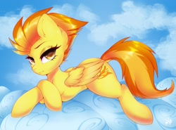 Size: 2048x1518 | Tagged: safe, artist:darkmaxxie, imported from derpibooru, spitfire, pegasus, pony, cloud, dock, female, lidded eyes, looking at you, mare, on a cloud, sexy, solo, stupid sexy spitfire