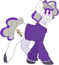 Size: 1125x1246 | Tagged: safe, artist:2k.bugbytes, imported from ponybooru, oc, oc only, oc:boysenberry, pony, unicorn, clothes, commission, male, ponybooru collab 2021, simple background, solo, sweater, transparent background, unshorn fetlocks