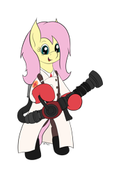 Size: 1748x2512 | Tagged: safe, artist:wapamario63, imported from ponybooru, fluttershy, pegasus, pony, bipedal, clothes, cute, female, looking at you, mare, medic, medigun, outfit, shyabetes, simple background, solo, team fortress 2, transparent background