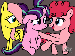 Size: 1024x768 | Tagged: safe, artist:thefandomizer316, imported from derpibooru, fluttershy, pinkie pie, starlight glimmer, earth pony, pegasus, pony, unicorn, alternate universe, blank flank, female, filly, filly fluttershy, filly pinkie pie, filly starlight glimmer, gray background, simple background, what if, younger