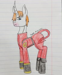 Size: 2878x3494 | Tagged: safe, artist:agdapl, imported from derpibooru, pony, unicorn, boots, clothes, horn, lined paper, ponified, pyro, shoes, signature, solo, team fortress 2, traditional art