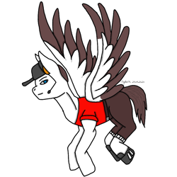 Size: 768x768 | Tagged: safe, artist:agdapl, imported from derpibooru, pony, clothes, flying, hat, headworn microphone, male, ponified, scout, signature, simple background, solo, stallion, team fortress 2, two toned wings, white background, wings