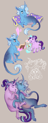 Size: 744x1920 | Tagged: safe, artist:owlcoholik, imported from derpibooru, starlight glimmer, trixie, pony, unicorn, bag, book, female, food, heart, hug, ice cream, lesbian, magic, mare, nuzzling, pillow, shipping, startrix, telekinesis