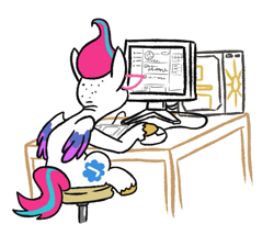 Size: 599x512 | Tagged: safe, artist:jargon scott, imported from ponybooru, zipp storm, pegasus, pony, spoiler:g5, computer, computer mouse, female, g5, glasses, keyboard, mare, meta, simple background, sitting, solo, stool, table, twitter, white background