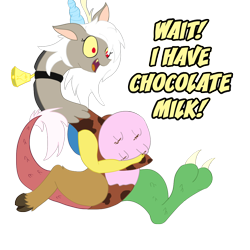 Size: 1000x1000 | Tagged: safe, edit, imported from derpibooru, discord, cow, draconequus, bell, chocolate, chocolate milk, collar, cowbell, eris, lactation, milk, rule 63, simple background, solo, transparent background, udder