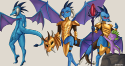 Size: 3920x2080 | Tagged: safe, artist:nire, imported from derpibooru, princess ember, spike, anthro, dragon, gauntlet of fire, armor, bloodstone scepter, blushing, butt, dragon armor, dragon lord ember, dragonbutt, dragoness, female, helmet, high res, horns, hug, princess embutt, simple background, size difference, spread wings, wings